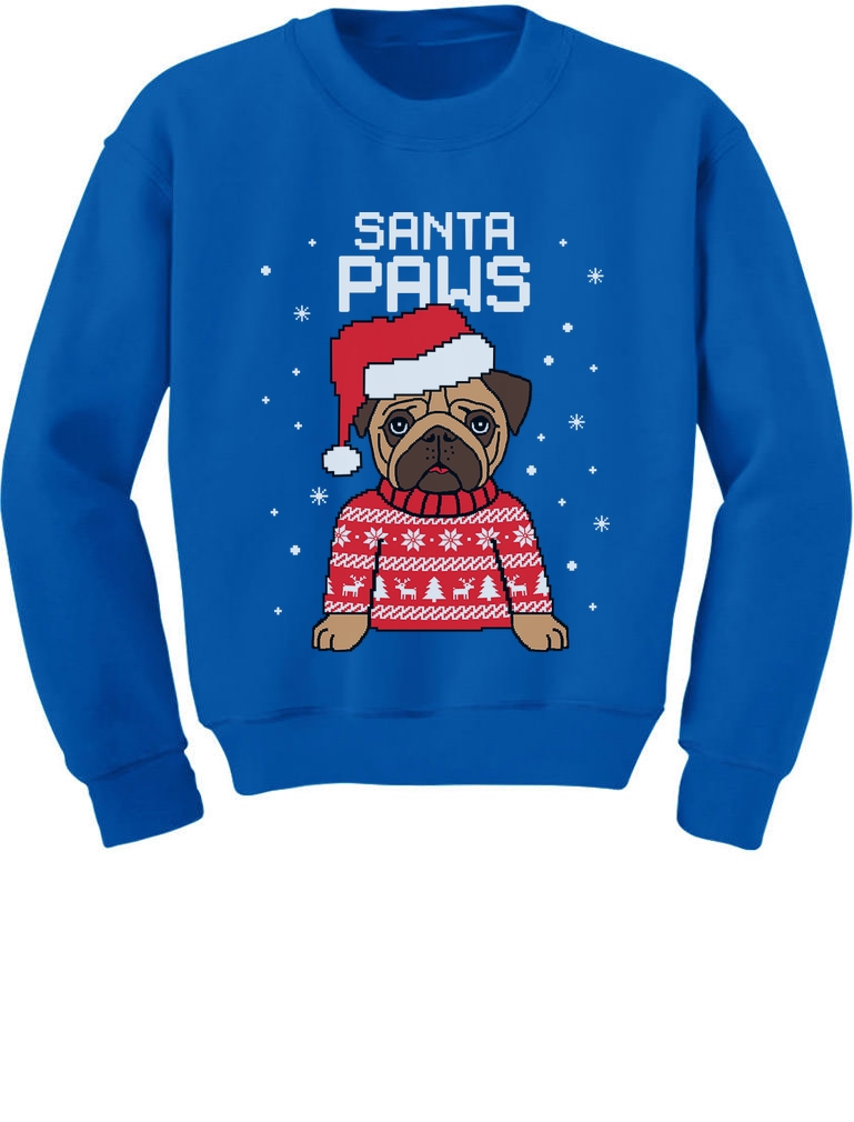 Santa Paws Pug Ugly Christmas Sweater Dog Youth Kids Long Sleeve T-Shirt Gift